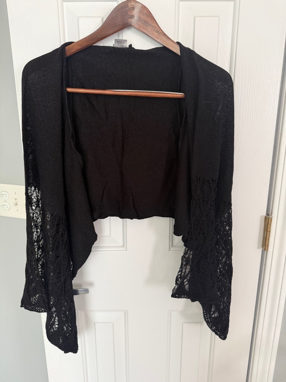 BCBG MaxAzria Metallic Knit Black Open-Front Crochet Sleeve Women's Shrug